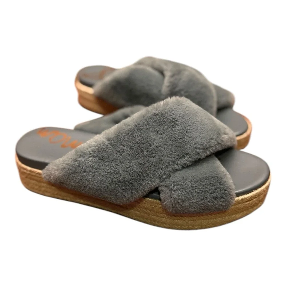 Sam Edelman Gray Faux Fur Criss Cross Espadrille Platform‎ Slides Size 9.5